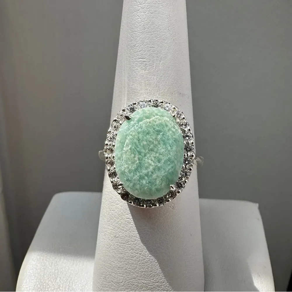 NWOT 15x11mm Oval cut Amazonite w/ halo of cz‎ diamonds in sterling silver!